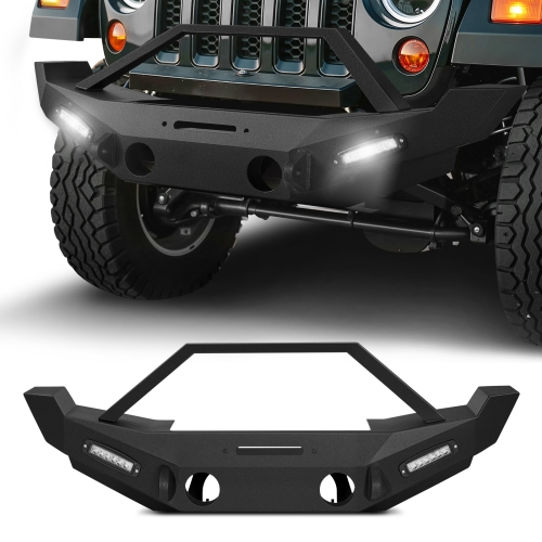 VEVOR Front Bumper Compatible with 2007-2018 Wrangler JK/JKU, Heavy-Duty Steel Front Bumper with 2PCS LED Light Bars, Winch Plate, Fog Light Housing
