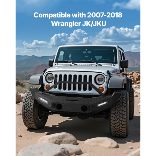 VEVOR Front Bumper Compatible with 2007-2018 Wrangler JK/JKU, Heavy-Duty Steel Front Bumper with 2PCS LED Light Bars, Winch Plate, Fog Light Housing