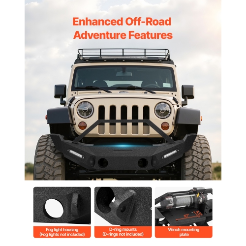 VEVOR Front Bumper Compatible with 2007-2018 Wrangler JK/JKU, Heavy-Duty Steel Front Bumper with 2PCS LED Light Bars, Winch Plate, Fog Light Housing
