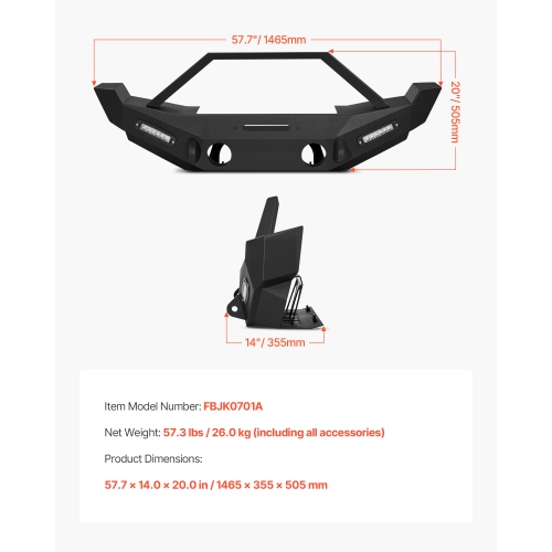 VEVOR Front Bumper Compatible with 2007-2018 Wrangler JK/JKU, Heavy-Duty Steel Front Bumper with 2PCS LED Light Bars, Winch Plate, Fog Light Housing