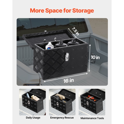 VEVOR 16"x7.5"x10" Heavy Duty Aluminum Truck Bed Tool Box, Stripes Plated Tool Box with Side Handle and Top Handle, Storage Toolbox Chest Organizer