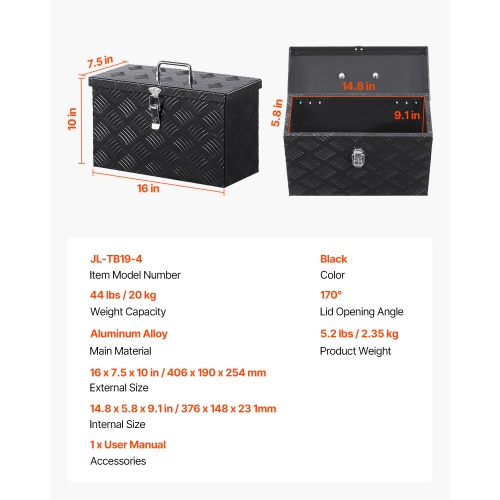 VEVOR 16"x7.5"x10" Heavy Duty Aluminum Truck Bed Tool Box, Stripes Plated Tool Box with Side Handle and Top Handle, Storage Toolbox Chest Organizer