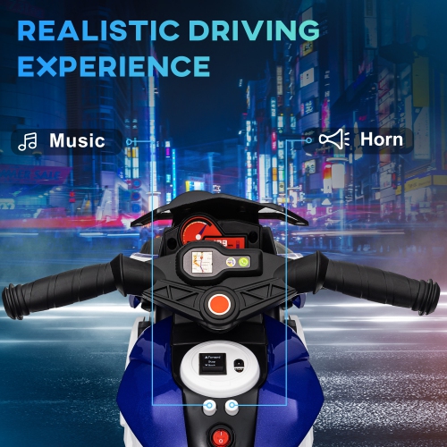 Qaba Kids Motorcycle, 6V Battery Powered Ride on Motorcycle with Music, Horn, Headlights, 3 Wheels Electric Bike for Kids, Gift for Boys & Girls, Blue