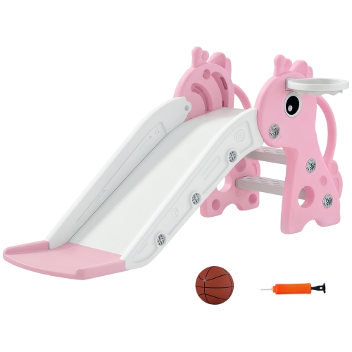 Qaba Toddler Slide, 3 in 1 Kids Slide for Toddler Aged 1-3 with Climber, Basketball Hoop and Ball, Baby Playset with Giraffe Design, for Indoor and