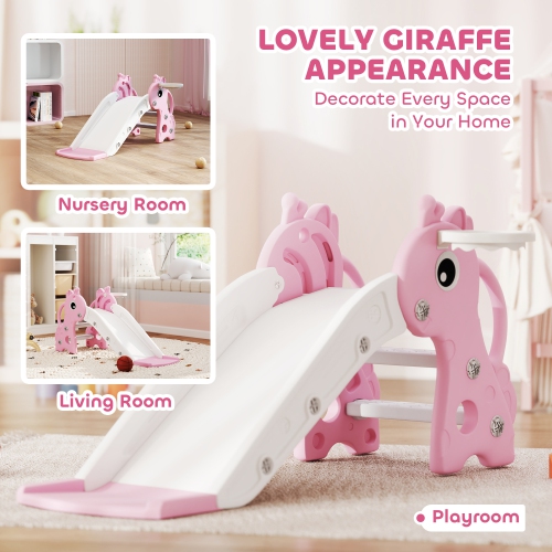 Qaba Toddler Slide, 3 in 1 Kids Slide for Toddler Aged 1-3 with Climber, Basketball Hoop and Ball, Baby Playset with Giraffe Design, for Indoor and