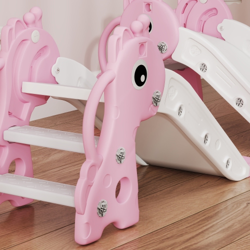 Qaba Toddler Slide, 3 in 1 Kids Slide for Toddler Aged 1-3 with Climber, Basketball Hoop and Ball, Baby Playset with Giraffe Design, for Indoor and