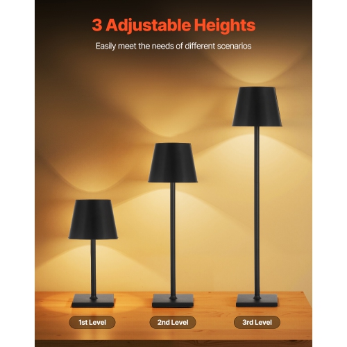 VEVOR 2-Pack Cordless Table Lamp, 5200mAh Built-in Rechargeable Battery Desk Lamp, Stepless Dimming Up, 3 Adjustable Heights, Detachable Lampshade