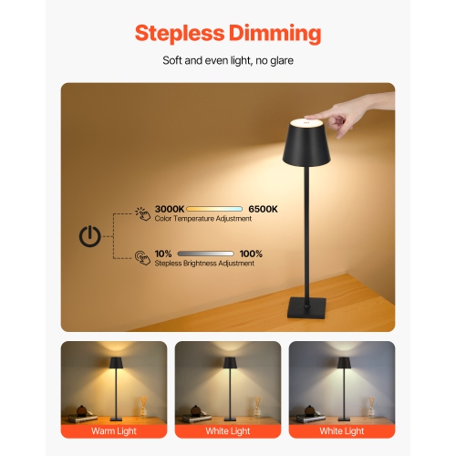 VEVOR 2-Pack Cordless Table Lamp, 5200mAh Built-in Rechargeable Battery Desk Lamp, Stepless Dimming Up, 3 Adjustable Heights, Detachable Lampshade