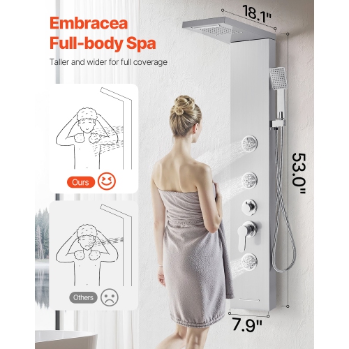 VEVOR 53 in Shower Panel Tower System with Rainfall Waterfall Shower Head, Brushed Stainless Steel Shower Column, 5-Function Faucet, Wall-Mount Rain