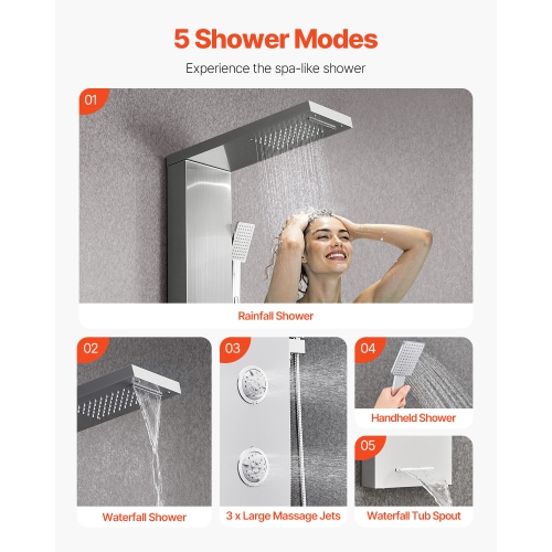 VEVOR 53 in Shower Panel Tower System with Rainfall Waterfall Shower Head, Brushed Stainless Steel Shower Column, 5-Function Faucet, Wall-Mount Rain