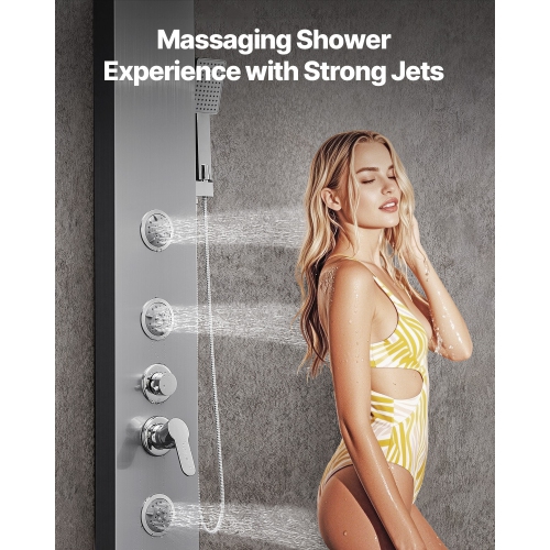 VEVOR 53 in Shower Panel Tower System with Rainfall Waterfall Shower Head, Brushed Stainless Steel Shower Column, 5-Function Faucet, Wall-Mount Rain