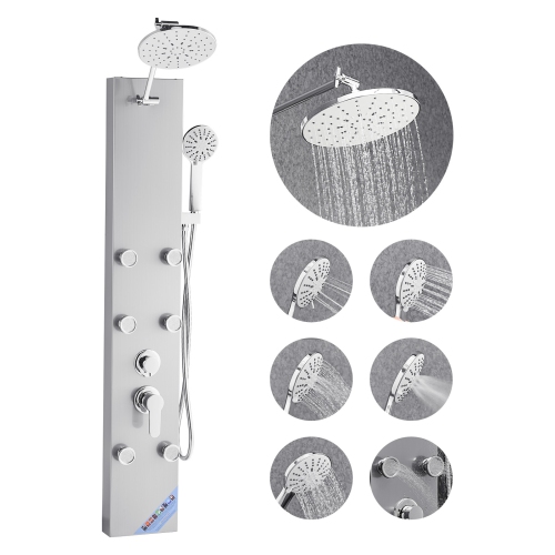 VEVOR 49 in Shower Panel Tower System with Rainfall Shower Head, Stainless Steel Shower Column, 3-Function Faucet, High Pressure Wall-Mount Rain