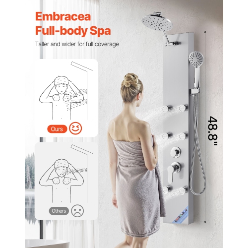 VEVOR 49 in Shower Panel Tower System with Rainfall Shower Head, Stainless Steel Shower Column, 3-Function Faucet, High Pressure Wall-Mount Rain