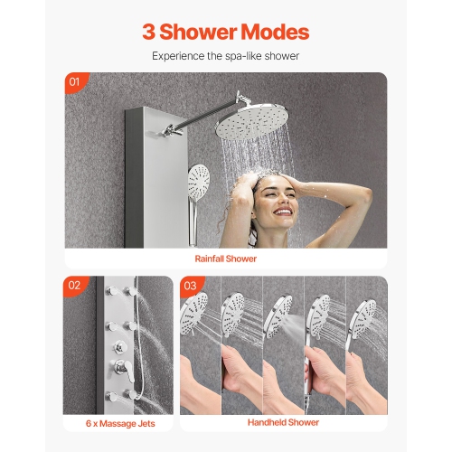 VEVOR 49 in Shower Panel Tower System with Rainfall Shower Head, Stainless Steel Shower Column, 3-Function Faucet, High Pressure Wall-Mount Rain