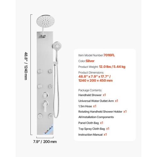 VEVOR 49 in Shower Panel Tower System with Rainfall Shower Head, Stainless Steel Shower Column, 3-Function Faucet, High Pressure Wall-Mount Rain