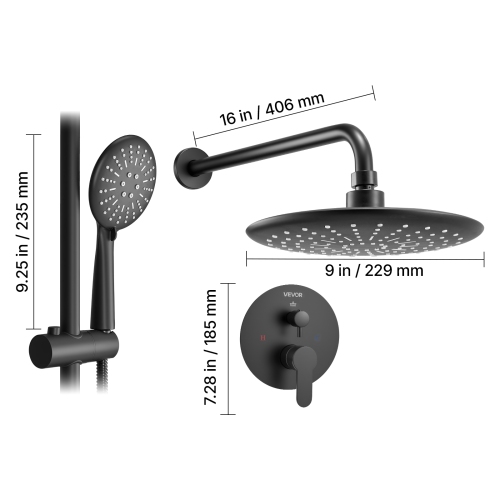 VEVOR 9-Inch Shower Faucet Set, Rainfall Bathroom Shower System with Round Rain Shower Head and Handheld Spray, Wall Mounted Bath Fixtures with Brass