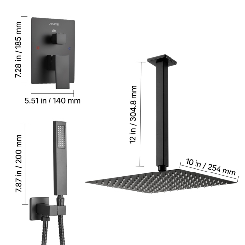 VEVOR 10-Inch Shower Faucet Set, Rainfall Bathroom Shower System with Square Rain Shower Head and Handheld Spray, Ceiling Mount Bath Fixtures with