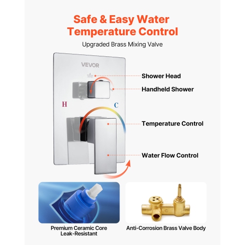 Robinet de douche VEVOR de 12&nbsp;po, système de douche Rainfall pour salle de bain avec pomme de douche carrée et vaporisateur à main, appareils de