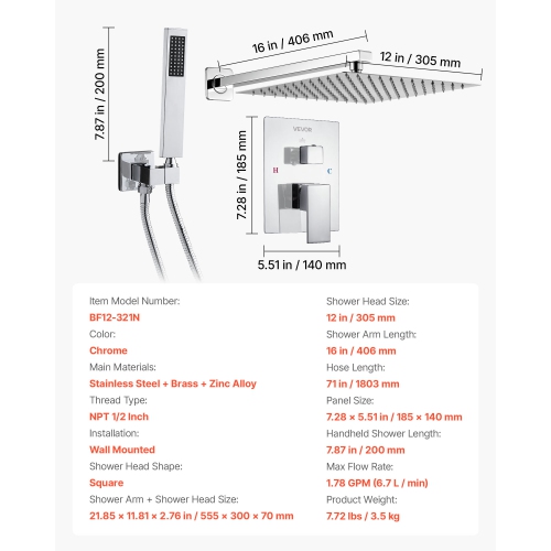 Robinet de douche VEVOR de 12&nbsp;po, système de douche Rainfall pour salle de bain avec pomme de douche carrée et vaporisateur à main, appareils de