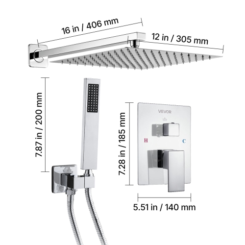 Robinet de douche VEVOR de 12&nbsp;po, système de douche Rainfall pour salle de bain avec pomme de douche carrée et vaporisateur à main, appareils de