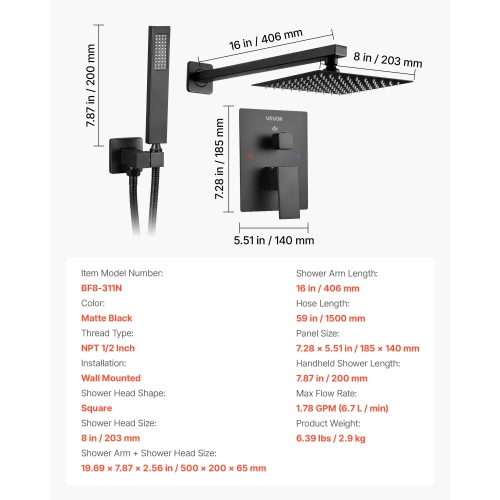 VEVOR 8-Inch Shower Faucet Set, Rainfall Bathroom Shower System with Square Rain Shower Head and Handheld Spray, Wall Mounted Bath Fixtures with