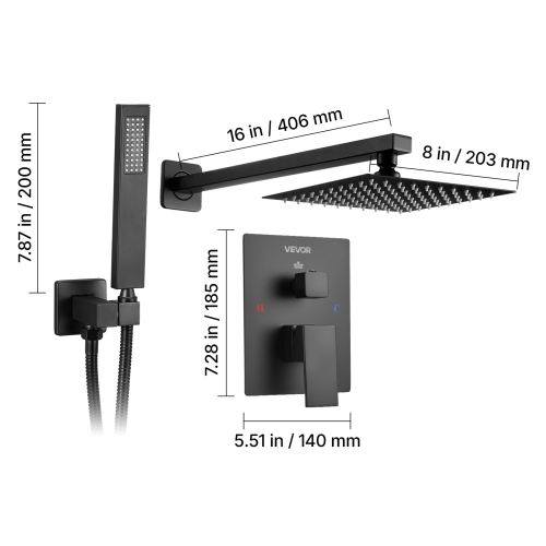 VEVOR 8-Inch Shower Faucet Set, Rainfall Bathroom Shower System with Square Rain Shower Head and Handheld Spray, Wall Mounted Bath Fixtures with