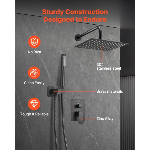 VEVOR 10-Inch Shower Faucet Set, Rainfall Bathroom Shower System with Square Rain Shower Head and Handheld Spray, Wall Mounted Bath Fixtures with