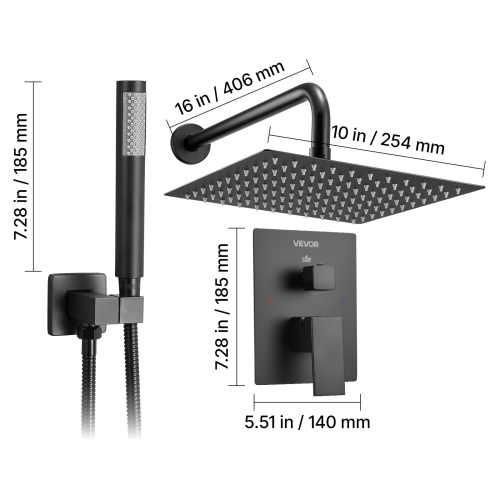 VEVOR 10-Inch Shower Faucet Set, Rainfall Bathroom Shower System with Square Rain Shower Head and Handheld Spray, Wall Mounted Bath Fixtures with
