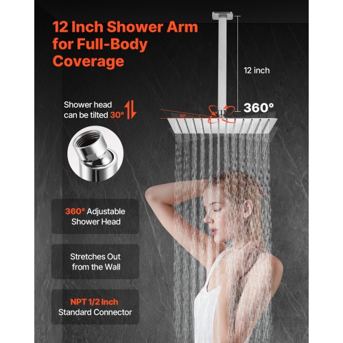 VEVOR 12-Inch Shower Faucet Set, Rainfall Bathroom Shower System with Square Rain Shower Head and Handheld Spray, Ceiling Mount Bath Fixtures with