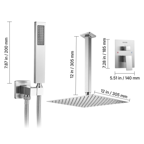 VEVOR 12-Inch Shower Faucet Set, Rainfall Bathroom Shower System with Square Rain Shower Head and Handheld Spray, Ceiling Mount Bath Fixtures with