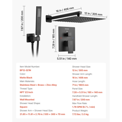 VEVOR 12-Inch Shower Faucet Set, Rainfall Bathroom Shower System with Square Rain Shower Head and Handheld Spray, Wall Mounted Bath Fixtures with