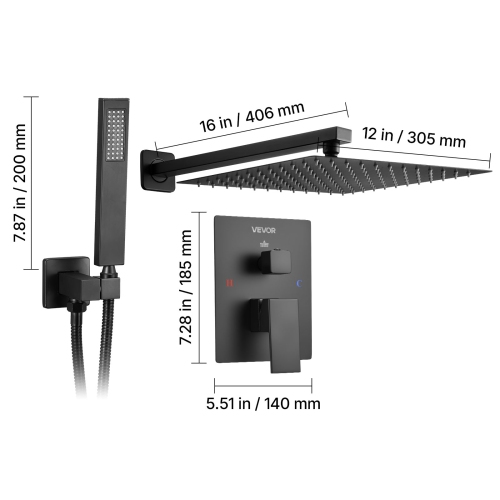 VEVOR 12-Inch Shower Faucet Set, Rainfall Bathroom Shower System with Square Rain Shower Head and Handheld Spray, Wall Mounted Bath Fixtures with
