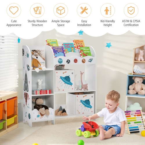Kids Book and Toy Organizer Cabinet with Wooden Frame and Storage Bins