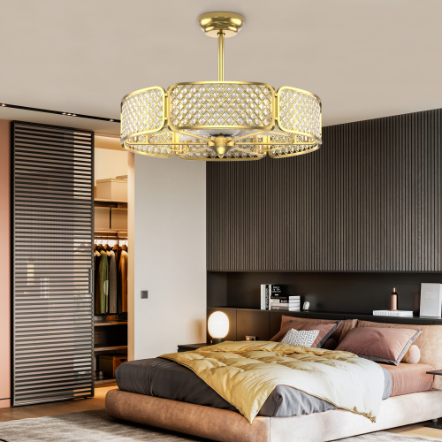 Caged Ceiling Fan with Light and Crystal Lampshade, 6 Light Bases