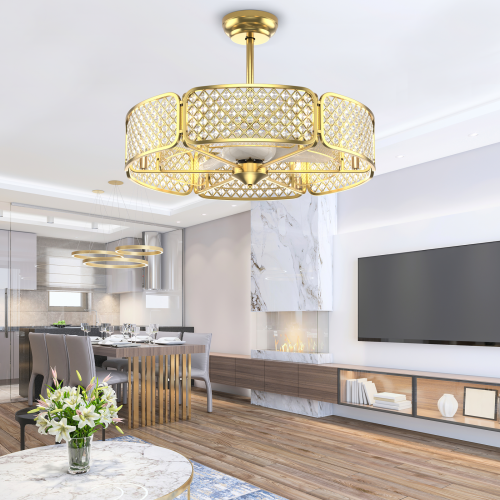 Caged Ceiling Fan with Light and Crystal Lampshade, 6 Light Bases