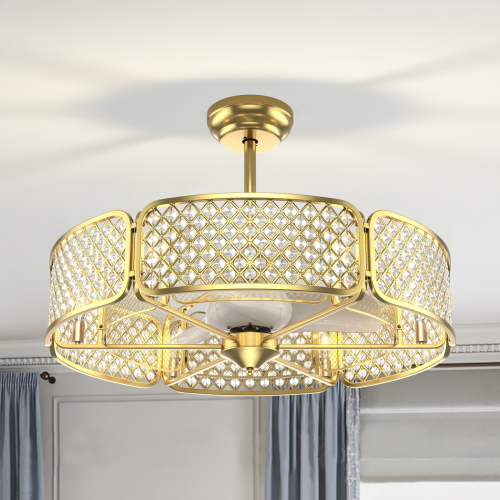 Caged Ceiling Fan with Light and Crystal Lampshade, 6 Light Bases