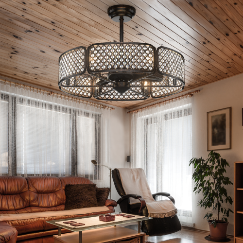 Caged Ceiling Fan with Light and Crystal Lampshade, 6 Light Bases