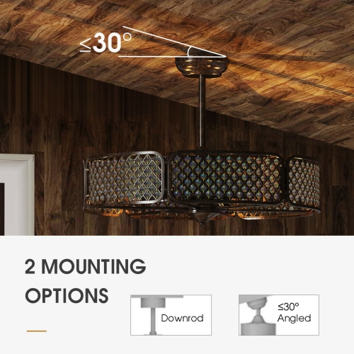 Caged Ceiling Fan with Light and Crystal Lampshade, 6 Light Bases