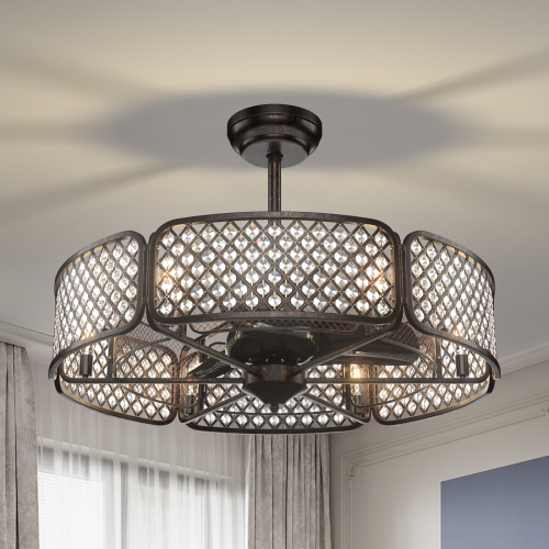 Caged Ceiling Fan with Light and Crystal Lampshade, 6 Light Bases