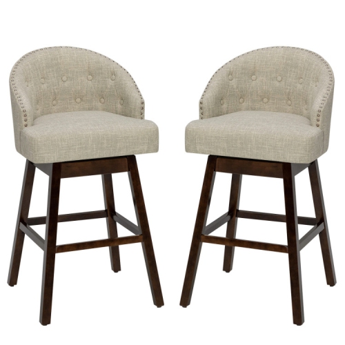 Set of 2 Swivel Bar Stools with Padded Back and Rubber Wood Legs