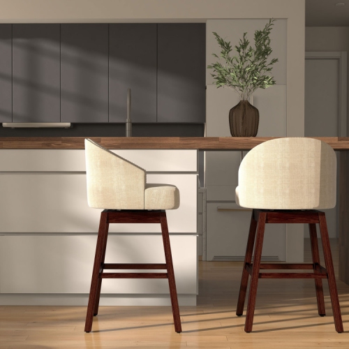 Set of 2 Swivel Bar Stools with Padded Back and Rubber Wood Legs