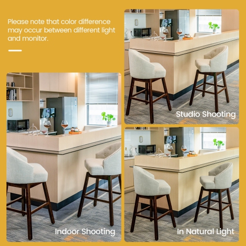 Set of 2 Swivel Bar Stools with Padded Back and Rubber Wood Legs