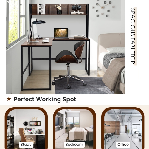 Industrial L-Shaped Desk with Bookshelf and Corner Computer Gaming Table