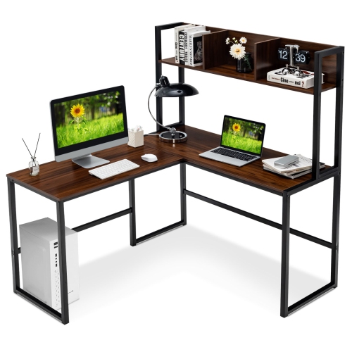 Industrial L-Shaped Desk with Bookshelf and Corner Computer Gaming Table