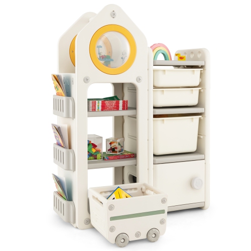 Coffre à jouets polyvalent avec bibliothèque et chariot mobile pour enfants
