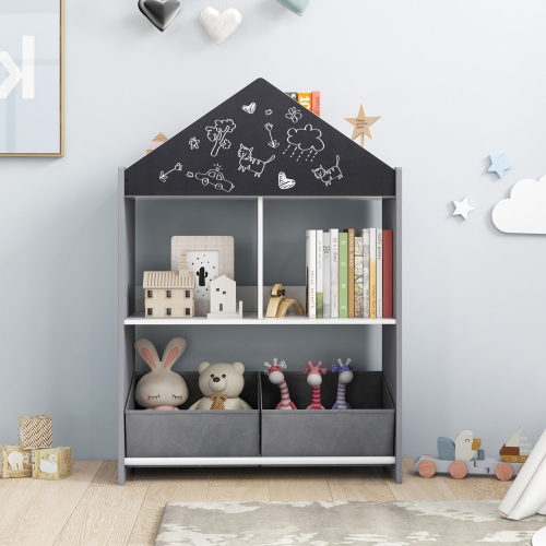 Kids Playhouse Bookcase with Chalkboard and Whiteboard for 3-6 Years