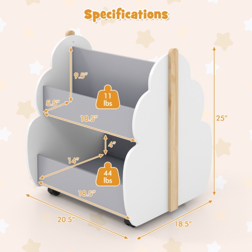 Bibliothèque portative en bois pour enfants avec roulettes pour la chambre ou la salle de jeu