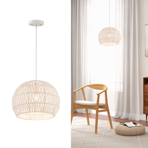Round Farmhouse Rattan Pendant Light with Adjustable Hanging Rope