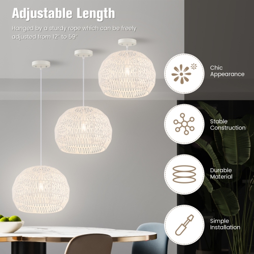 Round Farmhouse Rattan Pendant Light with Adjustable Hanging Rope