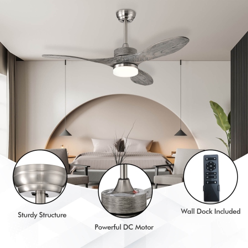 Wood Ceiling Fan with LED Lights and 6-Speed Settings for Living Room